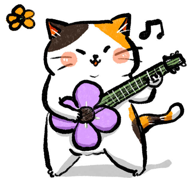 一隻抱著花形結他的三花貓手繪插畫